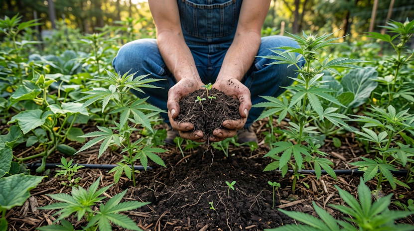 Person applying fertilizer to healthy cannabis plants