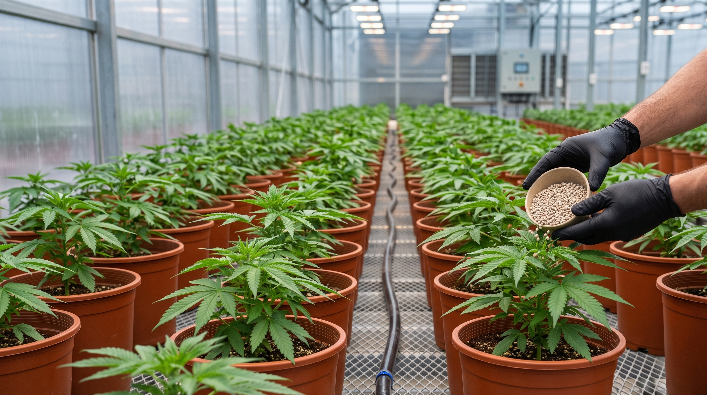 Cannabis plants receiving fertilizer as part of a healthy feeding schedule