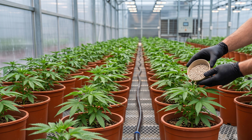 Cannabis plants receiving fertilizer as part of a healthy feeding schedule