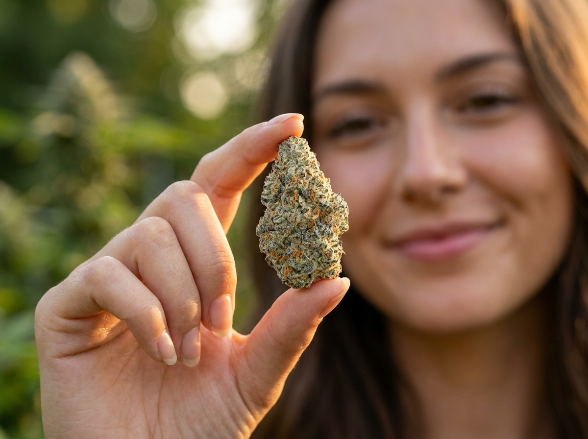 Woman holding a premium Dabbalicious strain cannabis bud covered in frosty trichomes