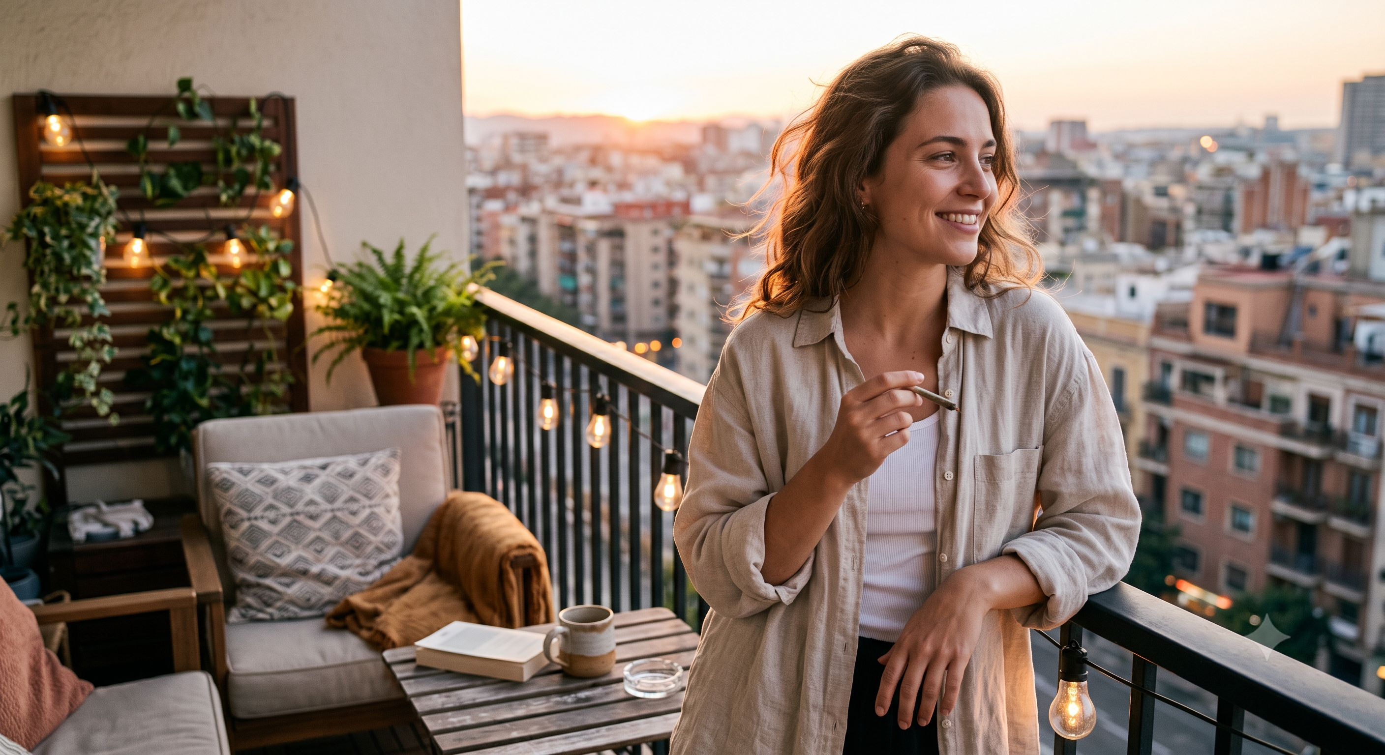 Lifestyle portrait of a woman holding a cannabis joint with a relaxed expression