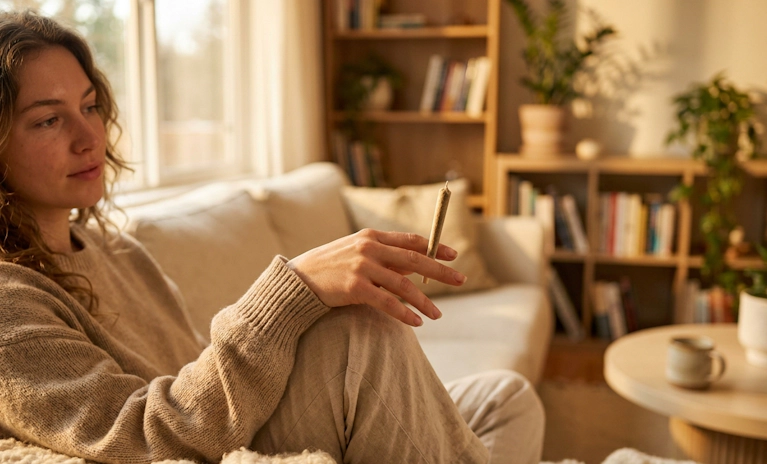 Woman holding a hand-rolled cannabis joint in a relaxed outdoor setting