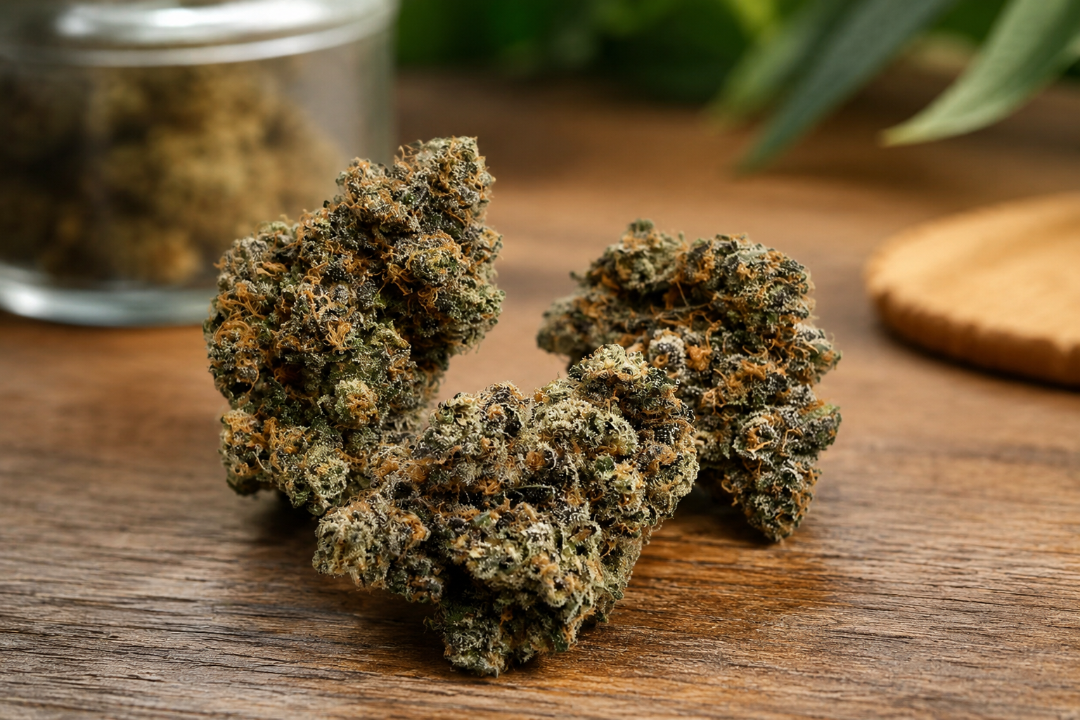 Premium cannabis buds arranged on a rustic wooden table