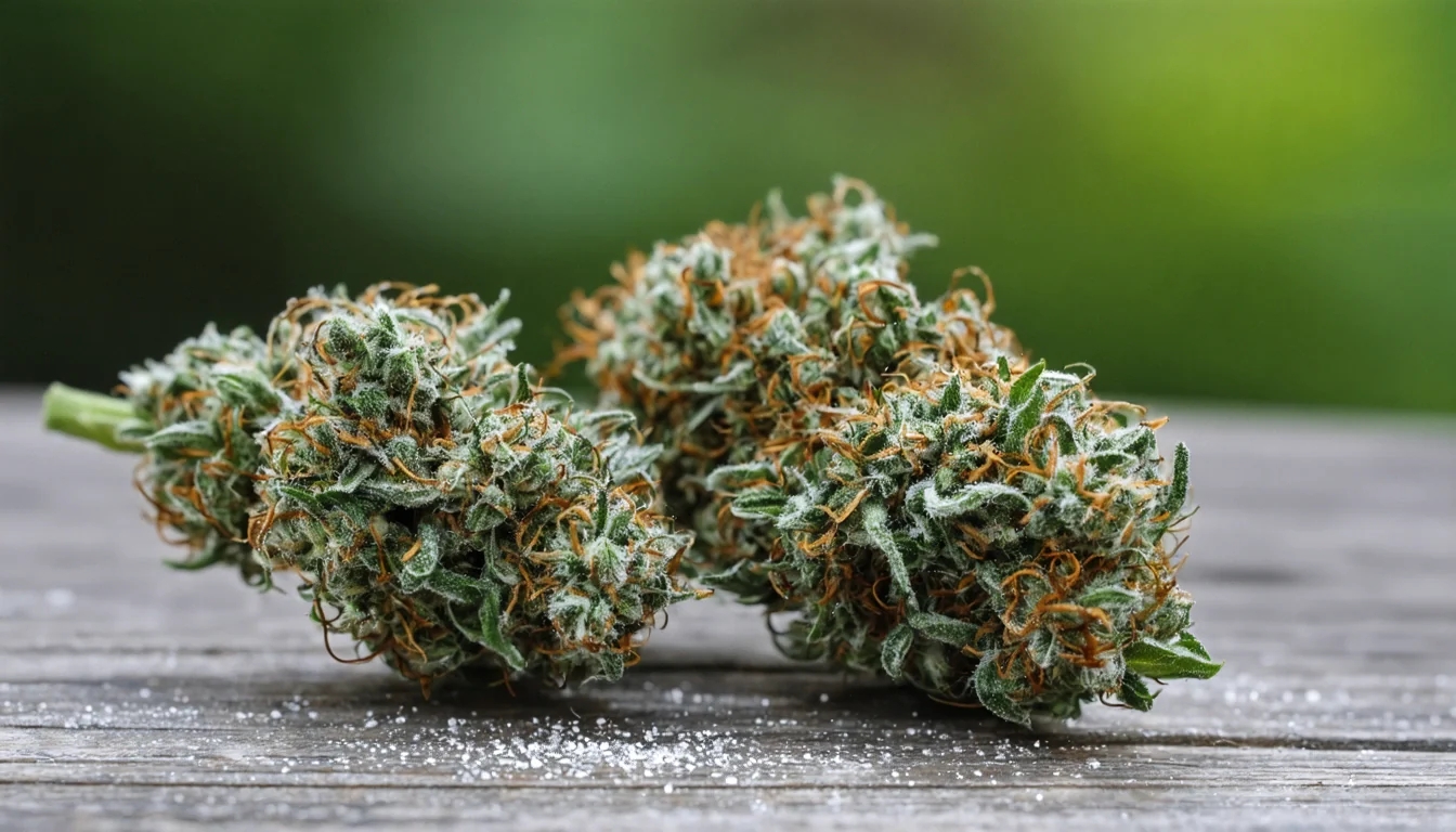 Collection of frosty cannabis buds spread across a tabletop.