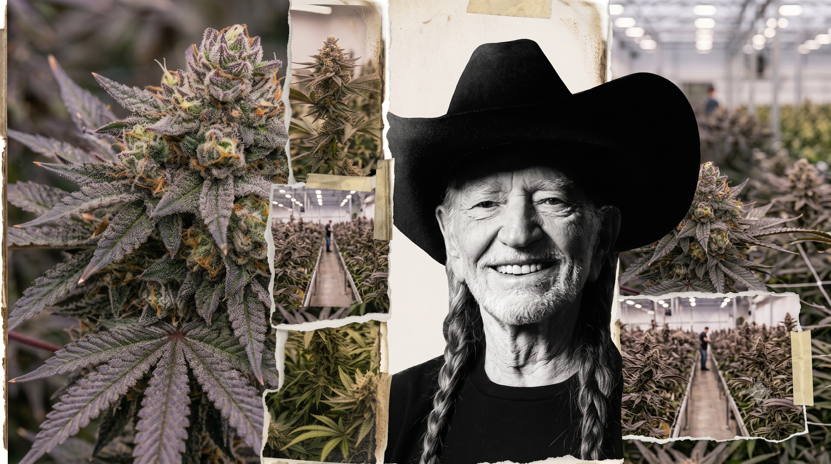 Collage featuring a thriving cannabis cultivation alongside Willie Nelson introducing his new cannabis seed brand