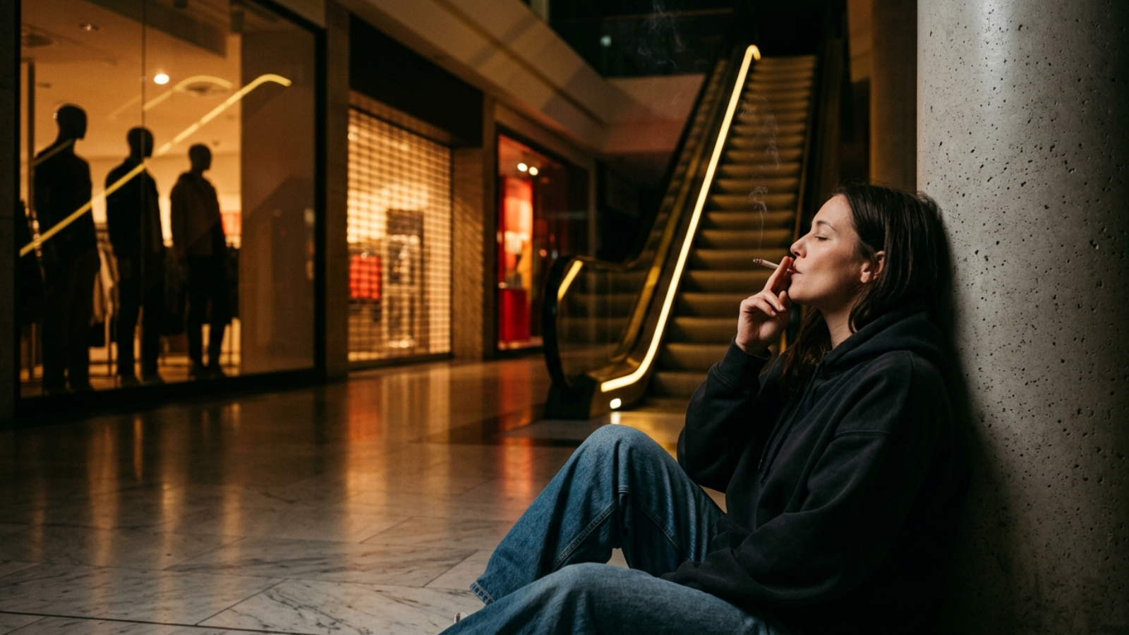 Woman smoking joint in dark vacant mall with glowing warm storefront displays.