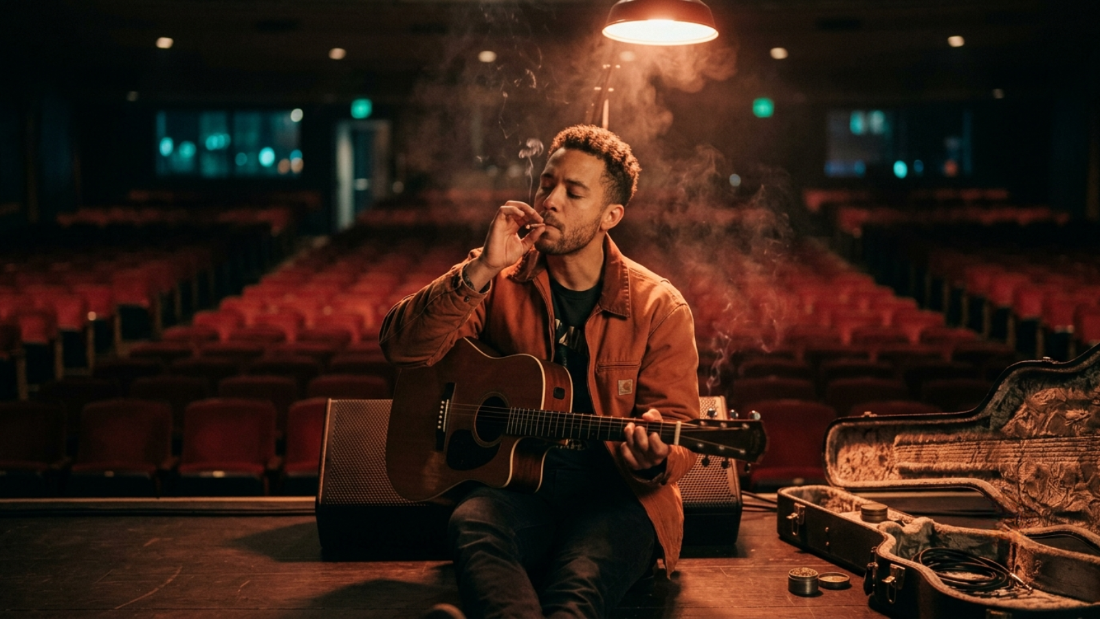 Guitarist smoking joint on stage in empty venue with warm light.