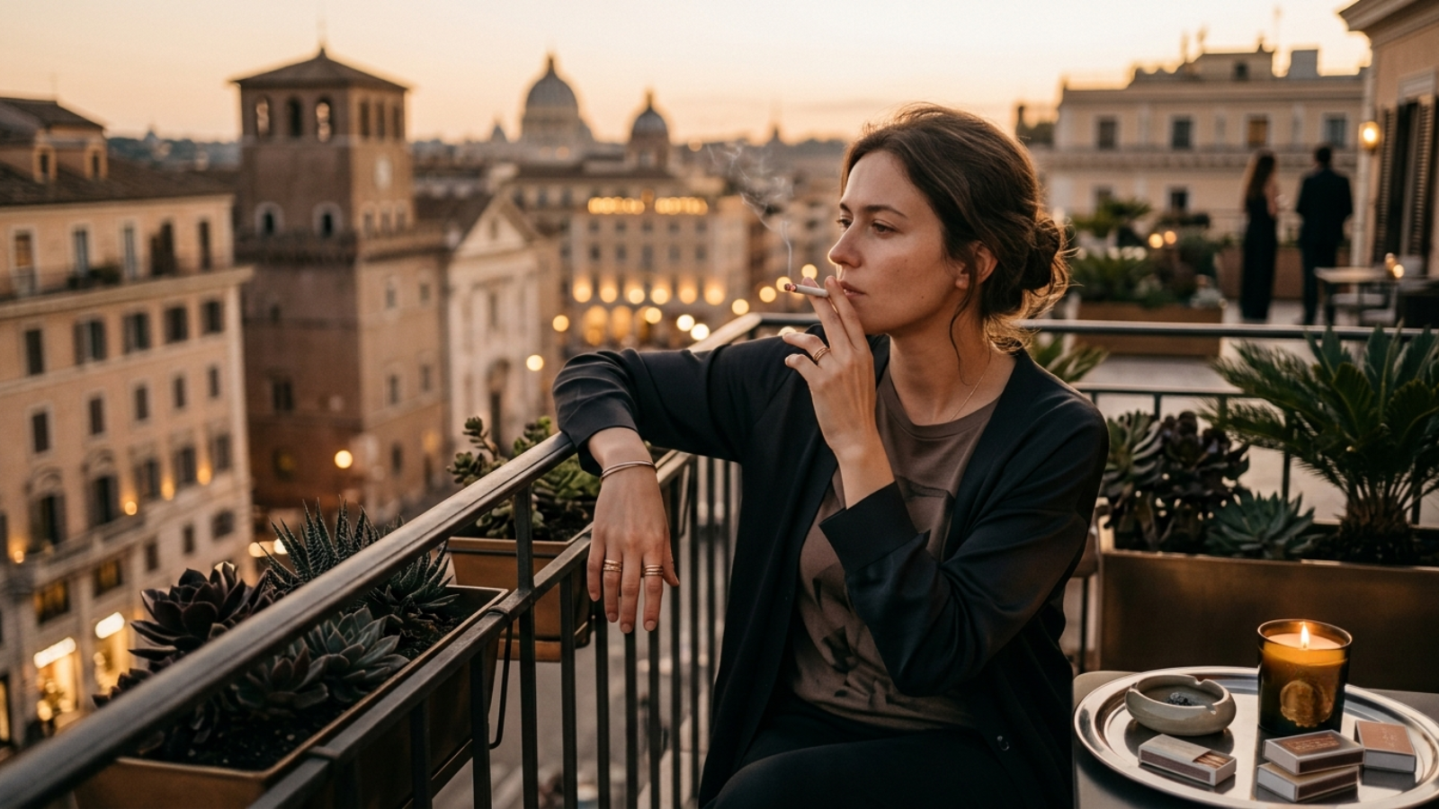 Woman smoking a joint on a balcony overlooking warm city night lights.