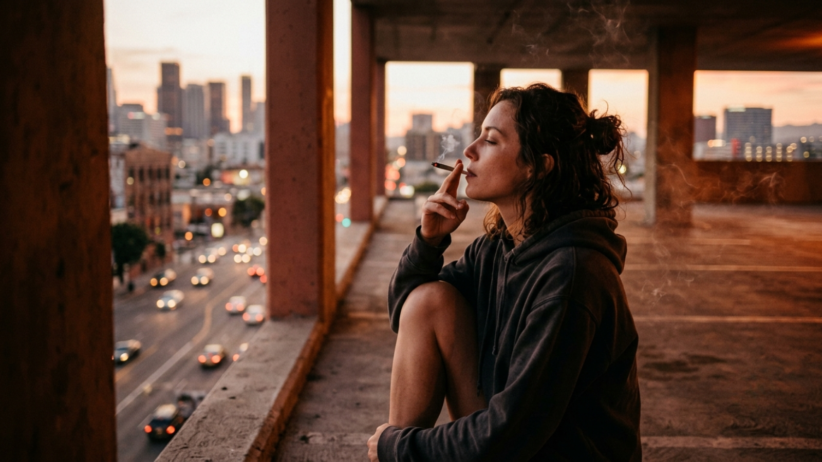 Woman smoking joint on a city parking garage rooftop at sunset.