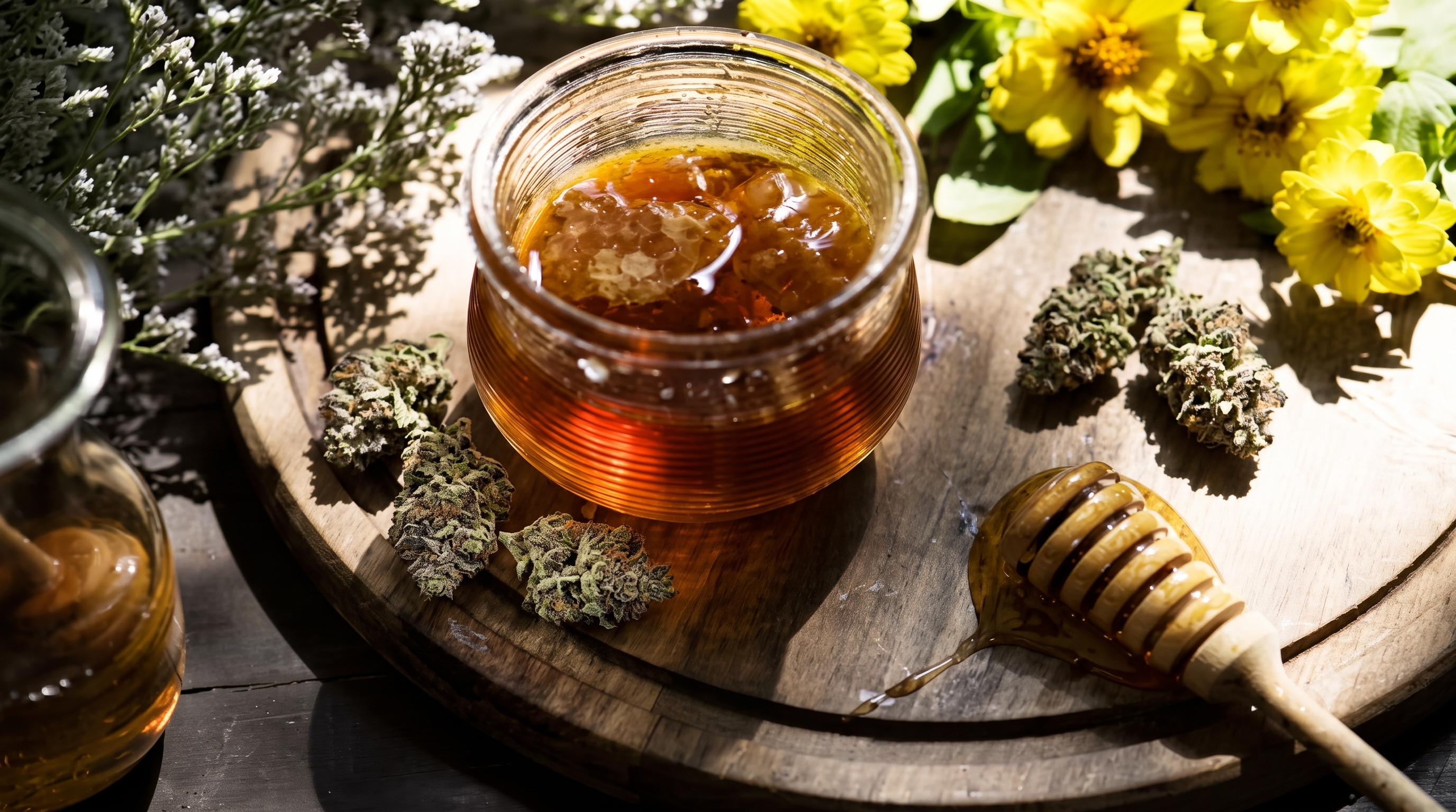 Glass JAR filled with homemade THC-infused simple syrup on a kitchen counter