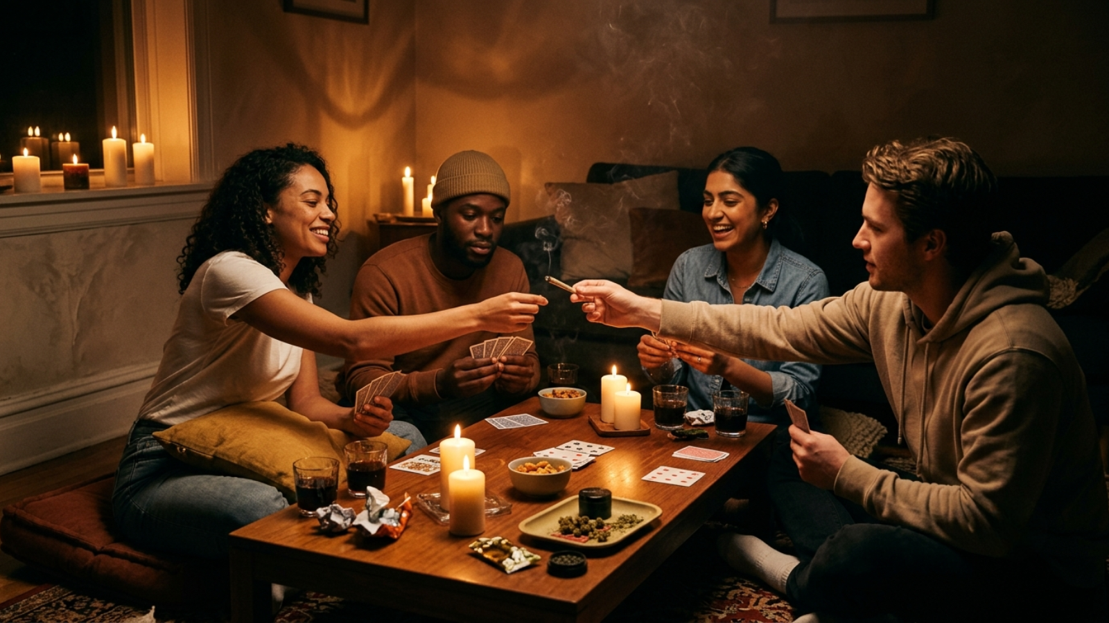 Friends playing cards by candlelight during a power outage, sharing a joint.