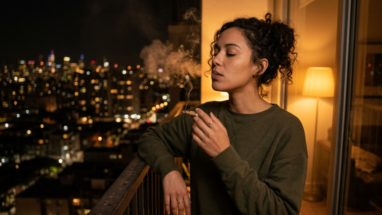 Solo person holding a joint on a high-rise balcony overlooking city lights.