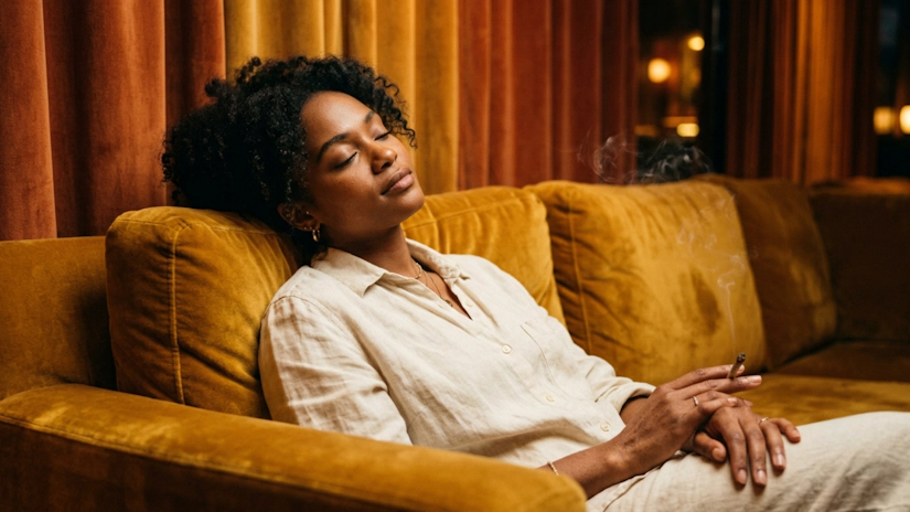 Person enjoying a relaxed cannabis lifestyle moment against a warm gold backdrop