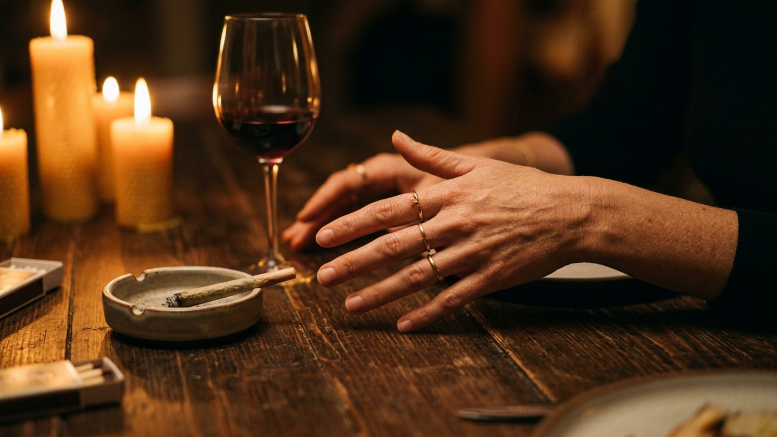 Hands gesturing near a lit joint in an ashtray by a wine glass