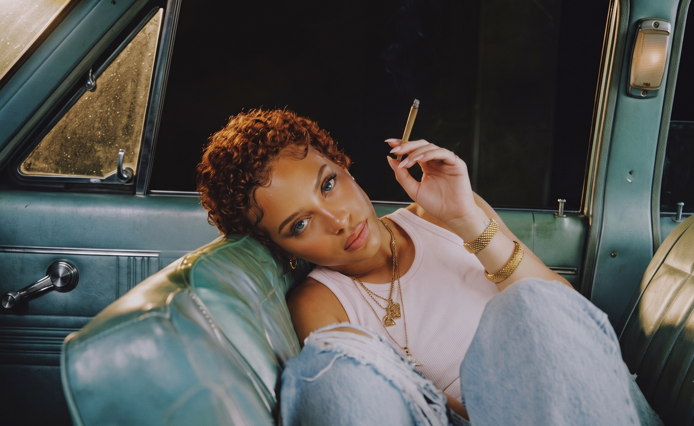 Beautiful woman holding a hand-rolled cannabis joint