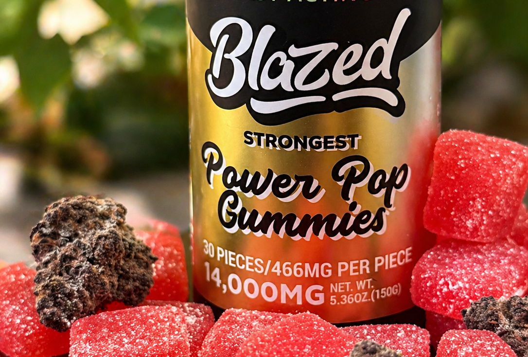 Binoid Blazed Gummies displayed alongside premium cannabis buds on a wooden table