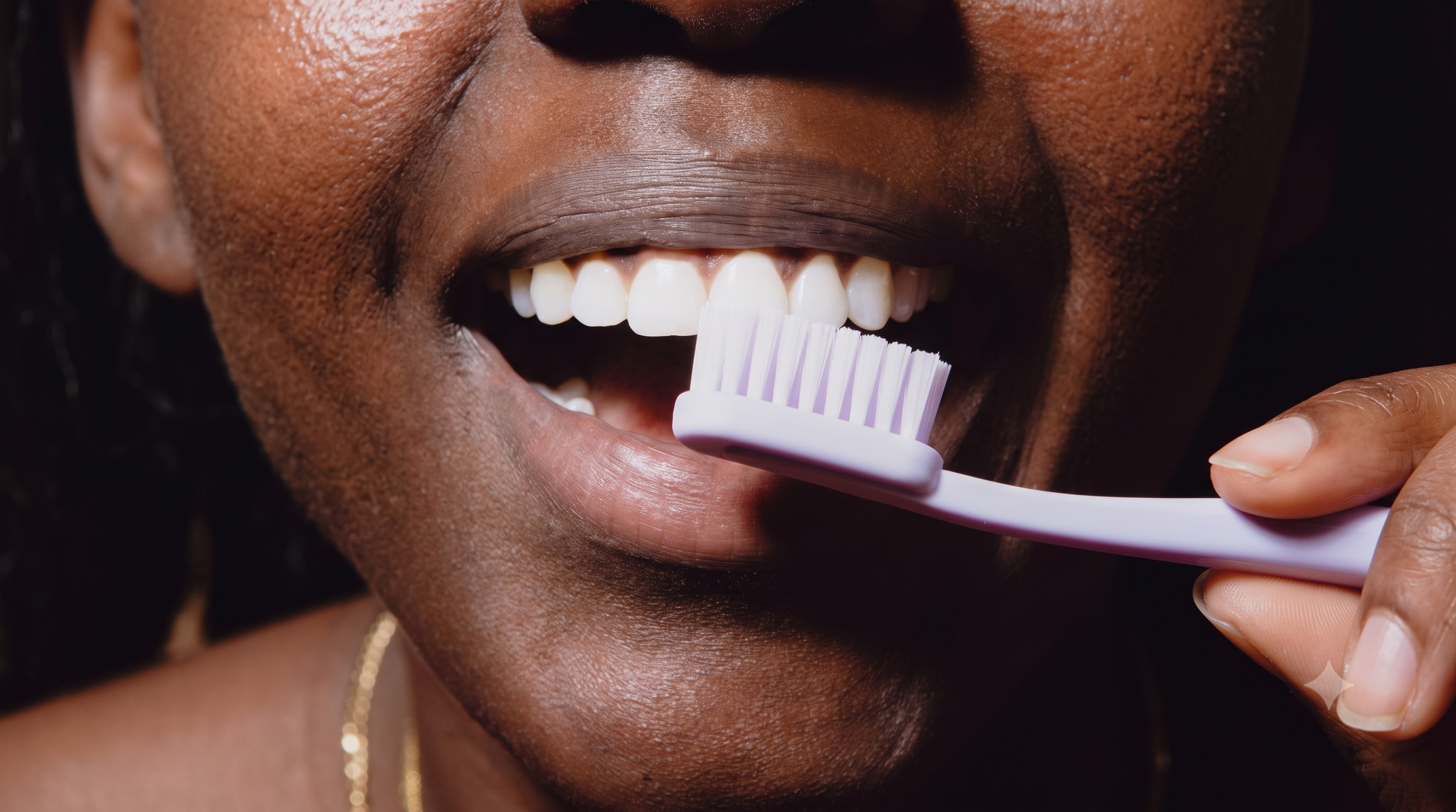 Close-up of a man holding a toothbrush with a bright, healthy smile