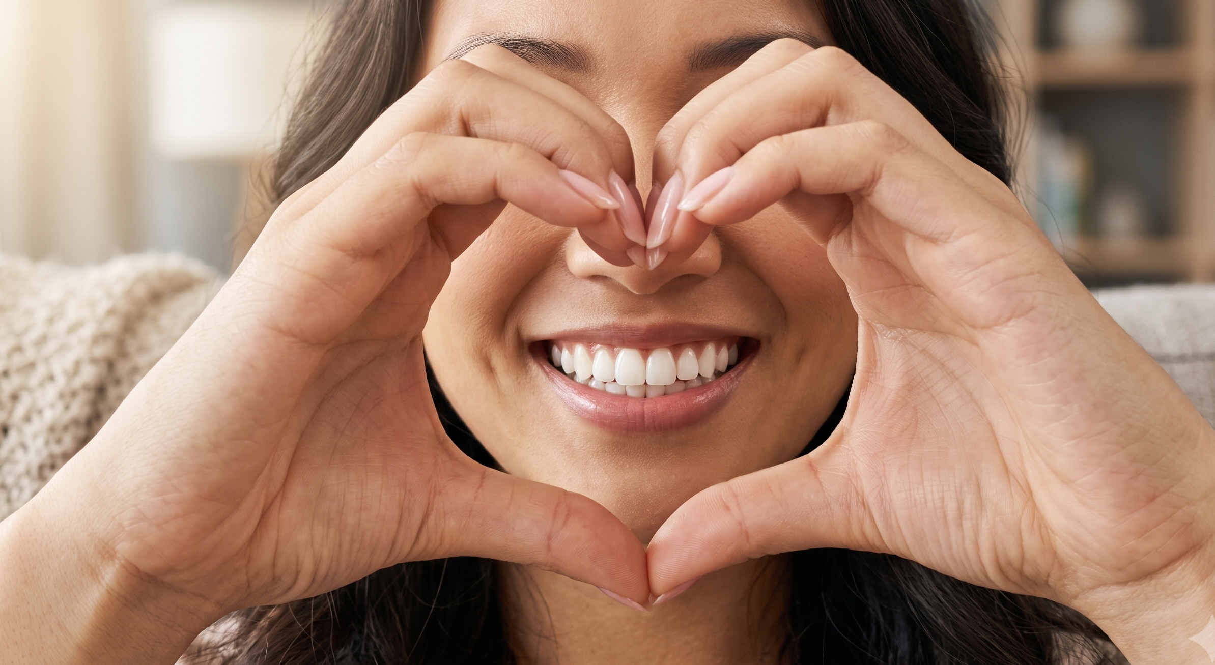 Smiling woman making a heart shape with her hands