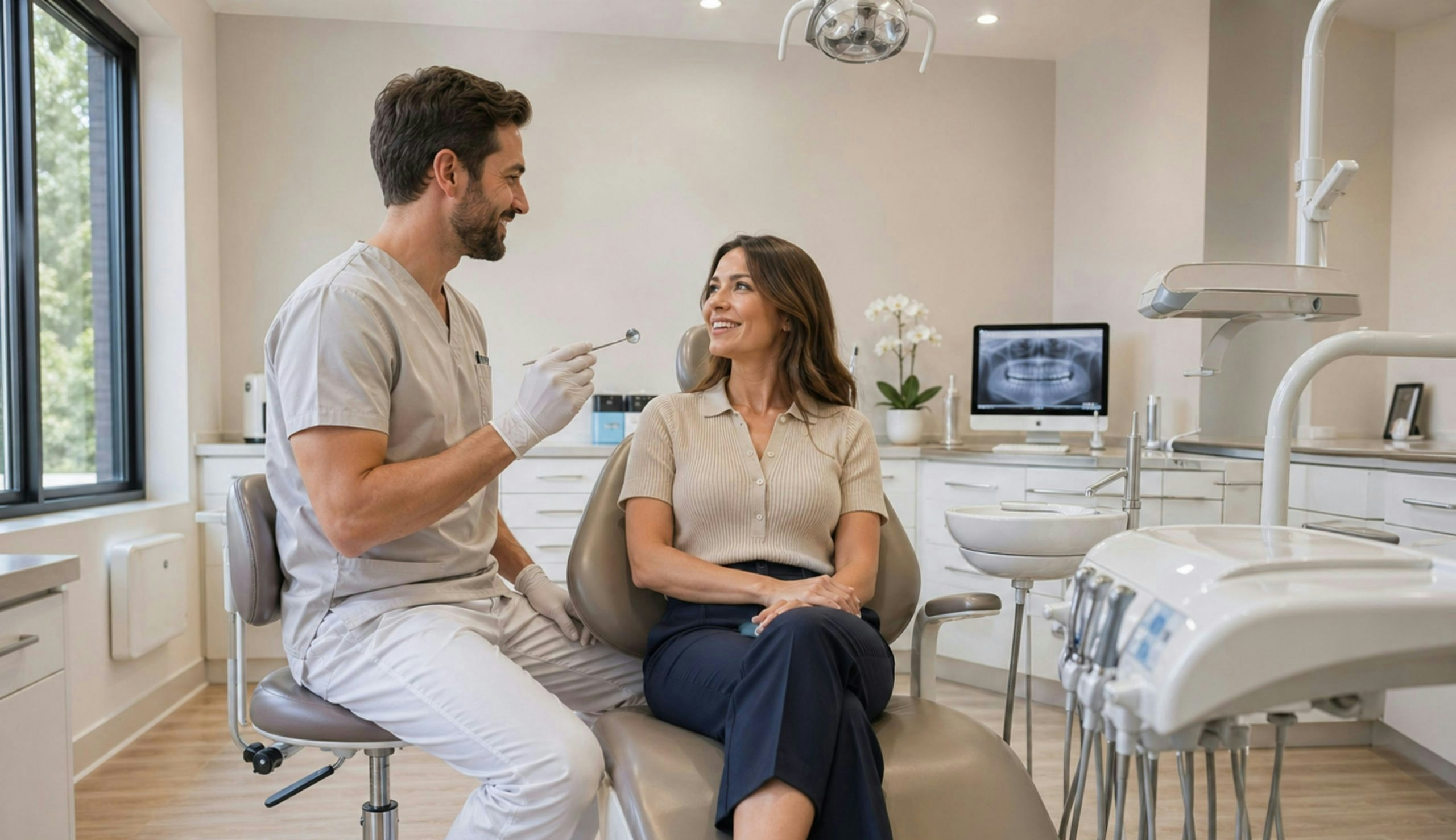 Patient receiving a routine dental examination in a modern dental clinic