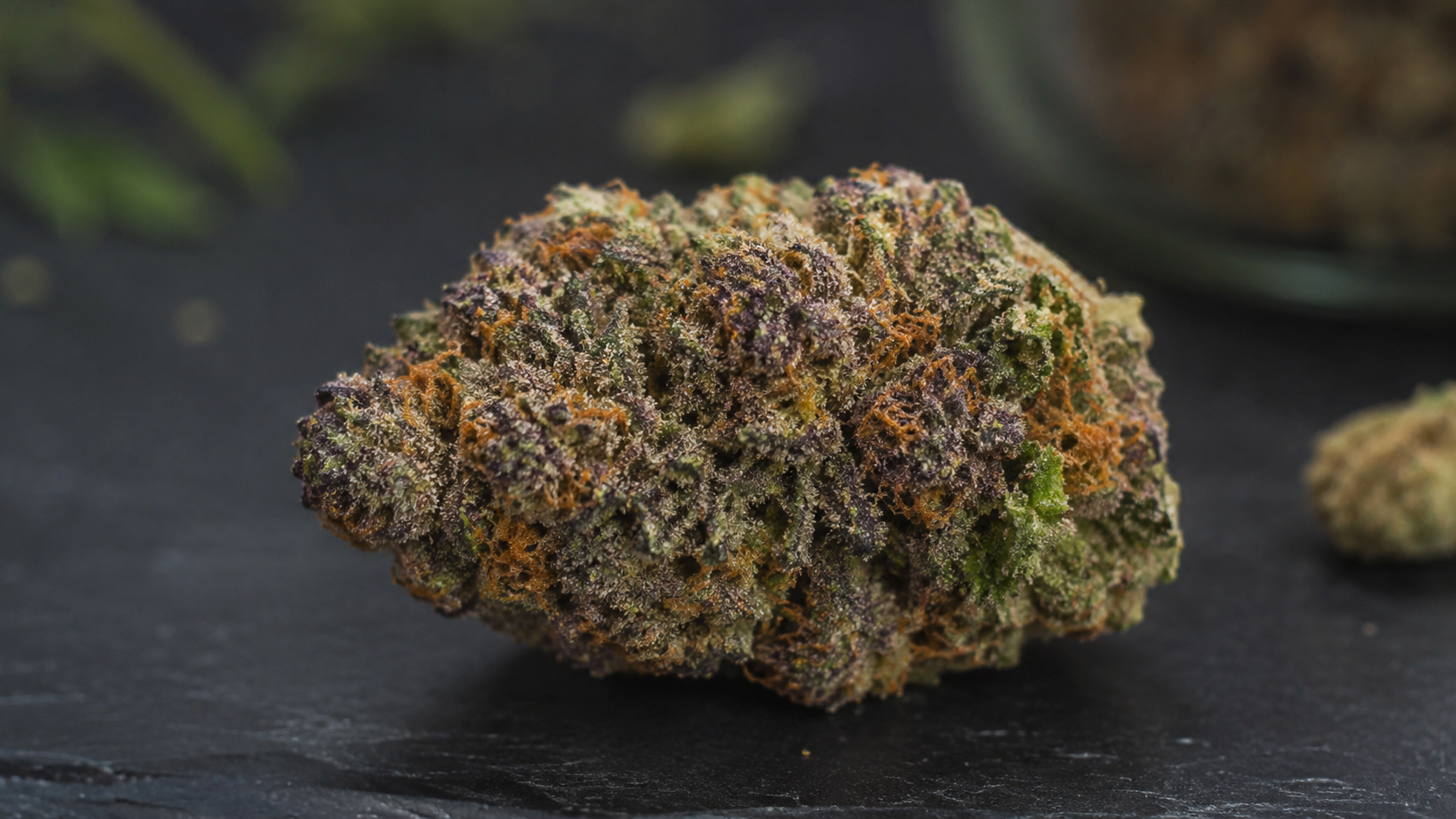 Close-up of a premium Astro Candy cannabis bud covered in frosty trichomes