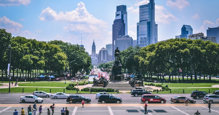 Panoramic view of the Philadelphia skyline on a clear day