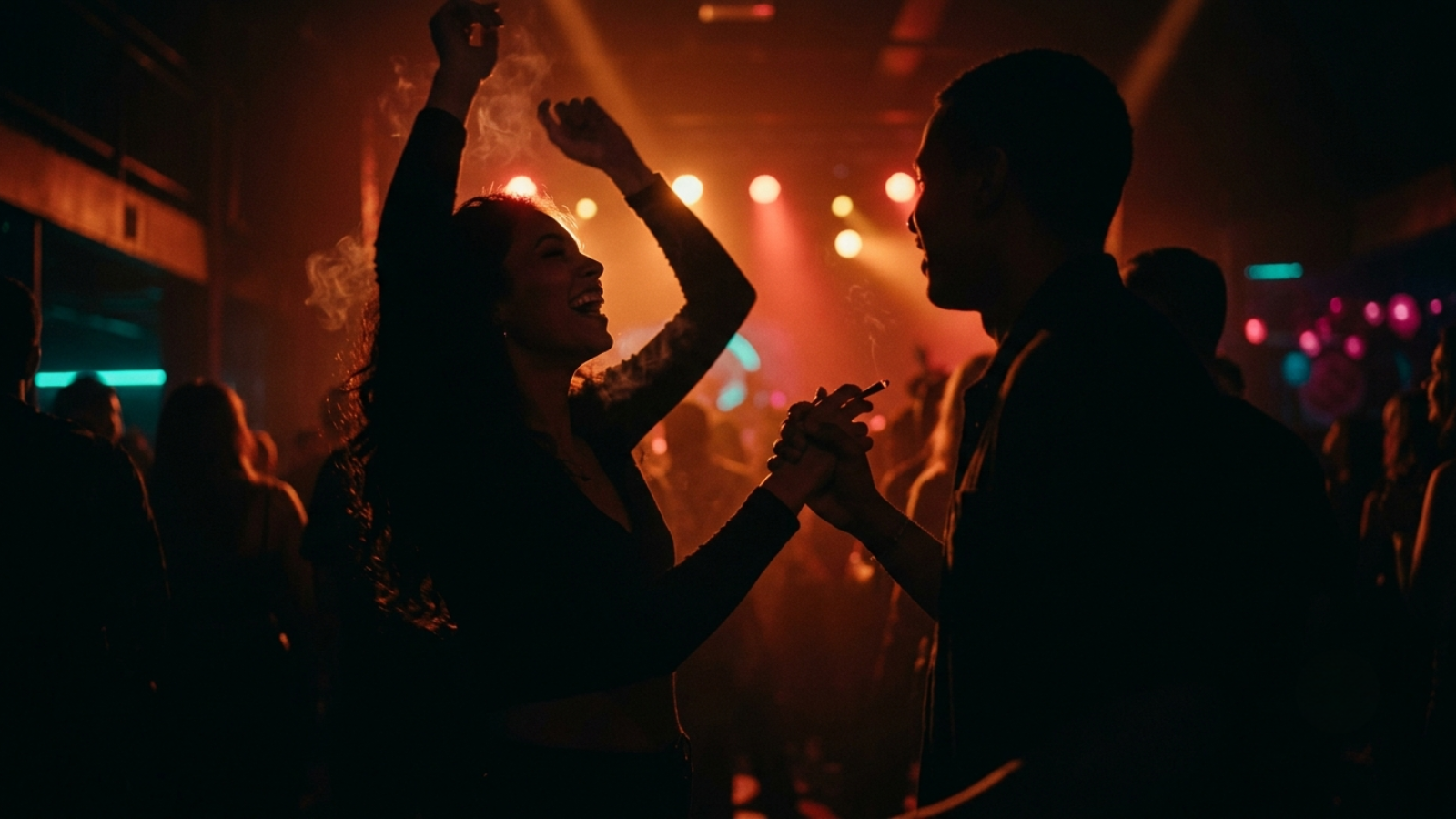Silhouetted people dancing under red party lights holding joint in dark club.
