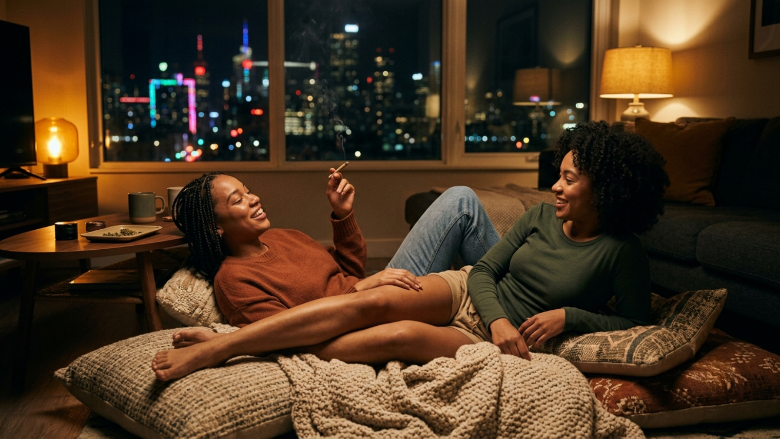 Friends sharing a joint in a cozy apartment with city lights