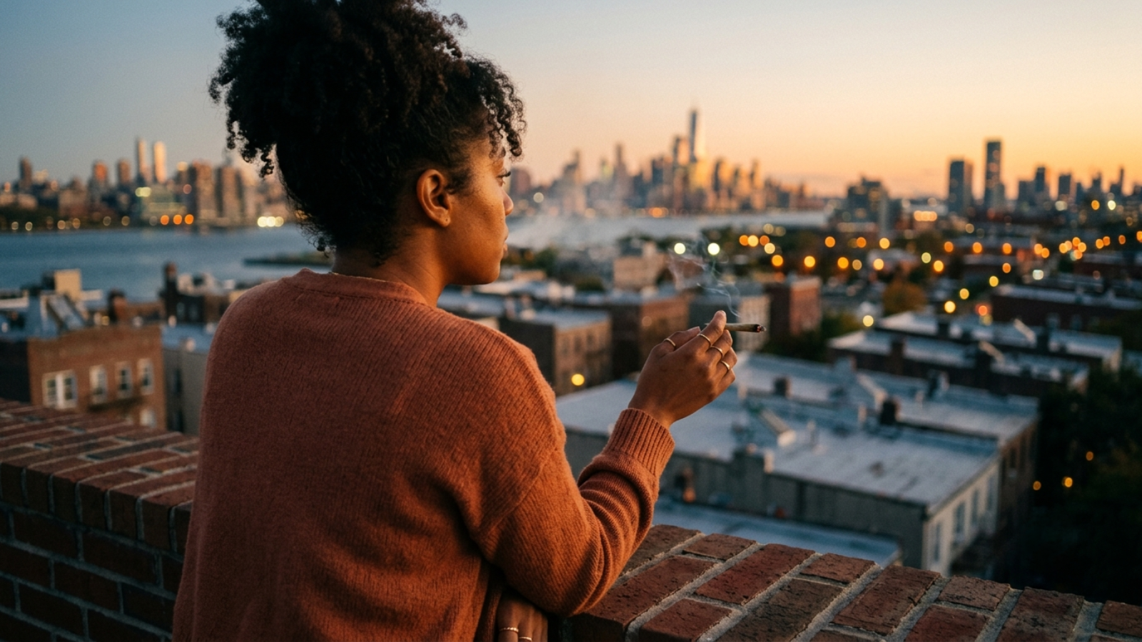 Person enjoying cannabis lifestyle on rooftop with glowing city skyline at dusk