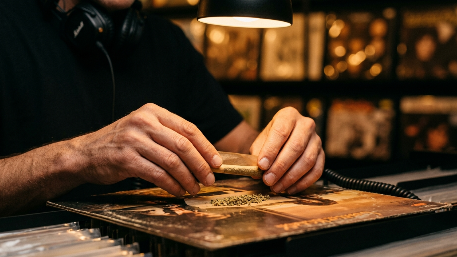 Hands rolling a joint on a vinyl record sleeve under warm lighting.