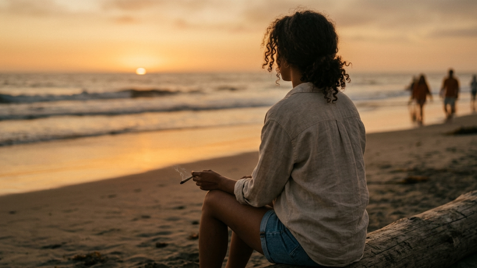 Over the shoulder view of person enjoying cannabis joint at sunset