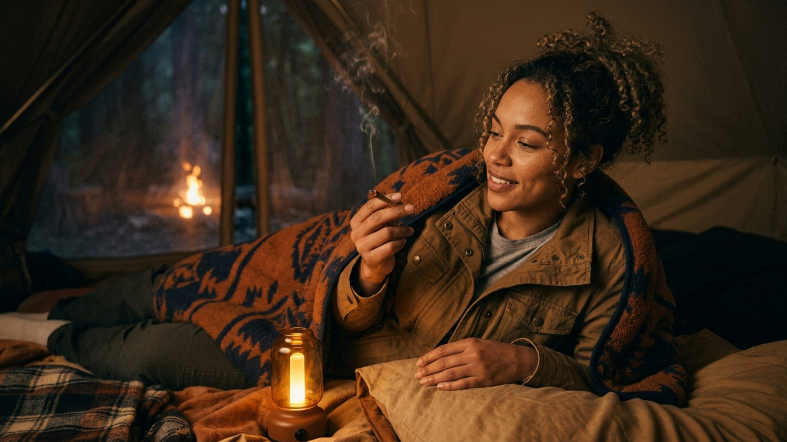 Solo camper holding lit joint inside cozy tent with warm campfire glow