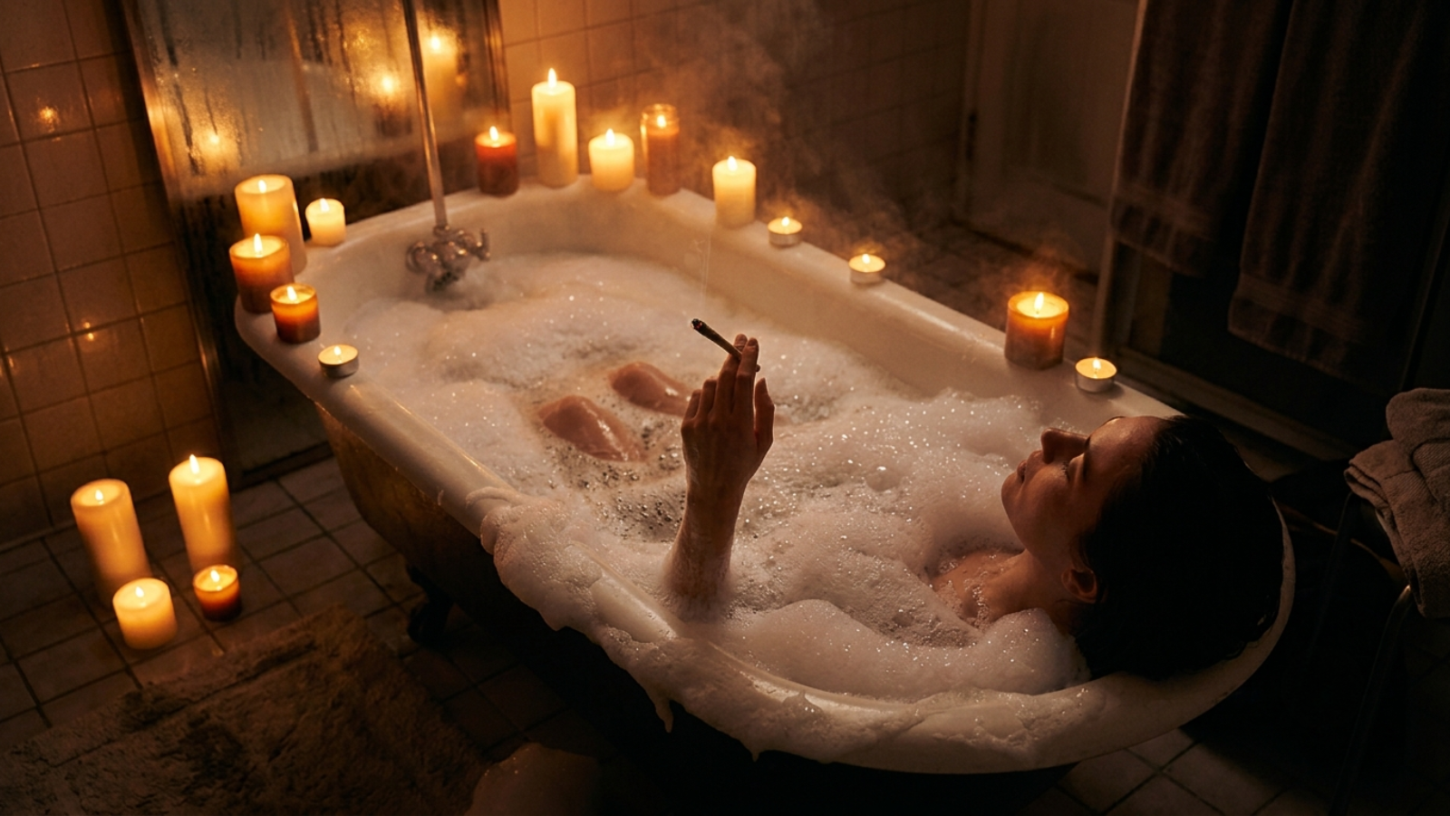 Relaxing bath with candles surrounding tub and cannabis joint in peaceful bathroom