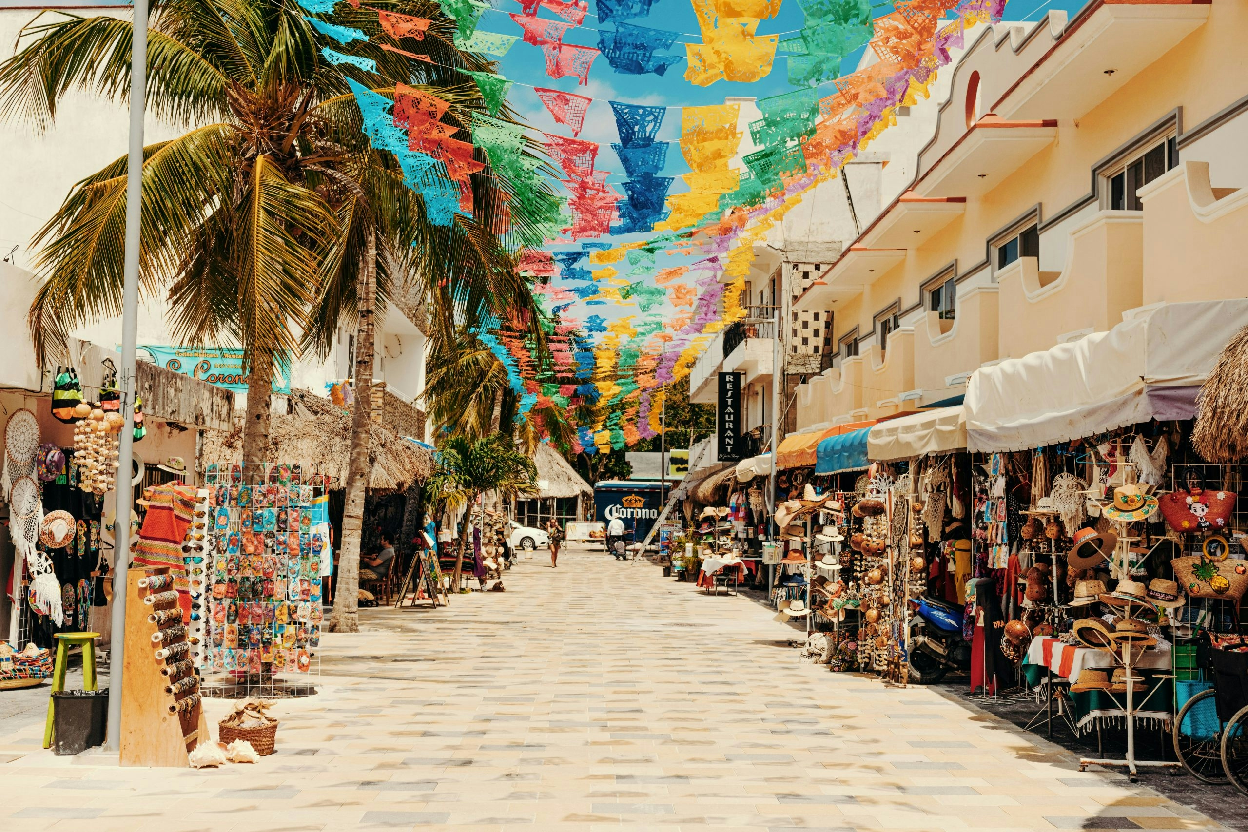 Colorful street in a traditional Mexican town near Cancun