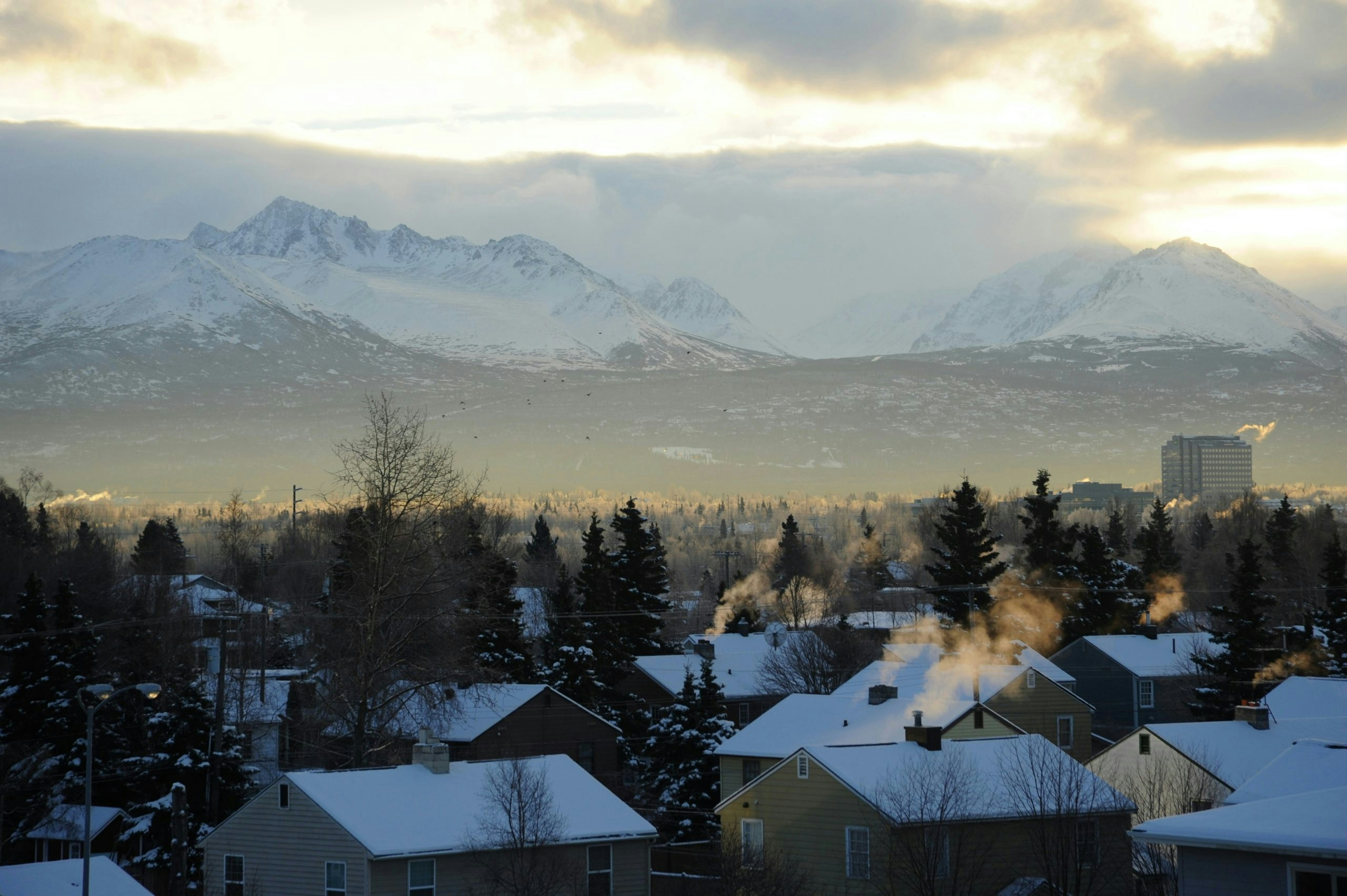 Winter landscape in Anchorage with snow-capped peaks