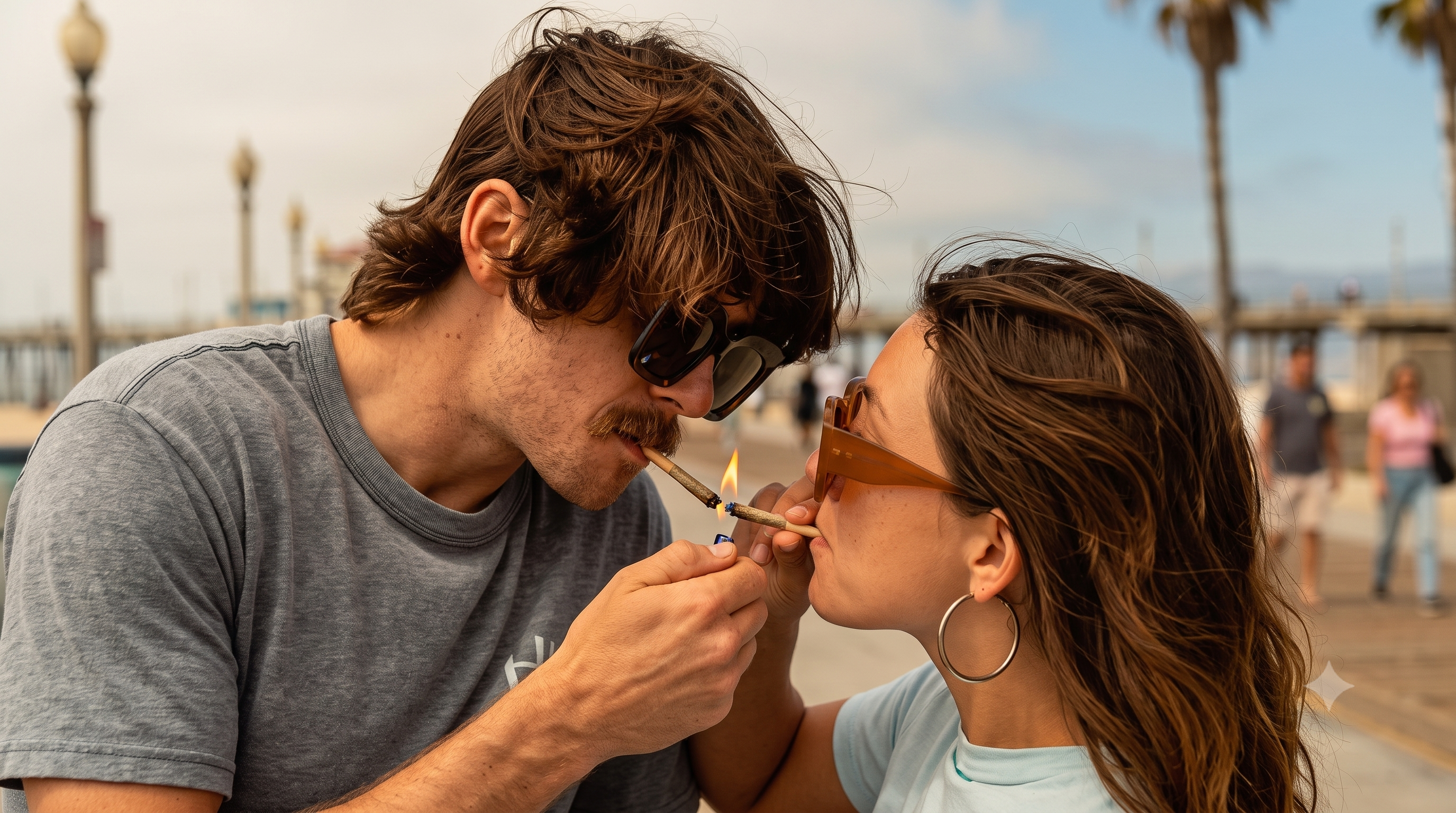 couple lighting a joint together