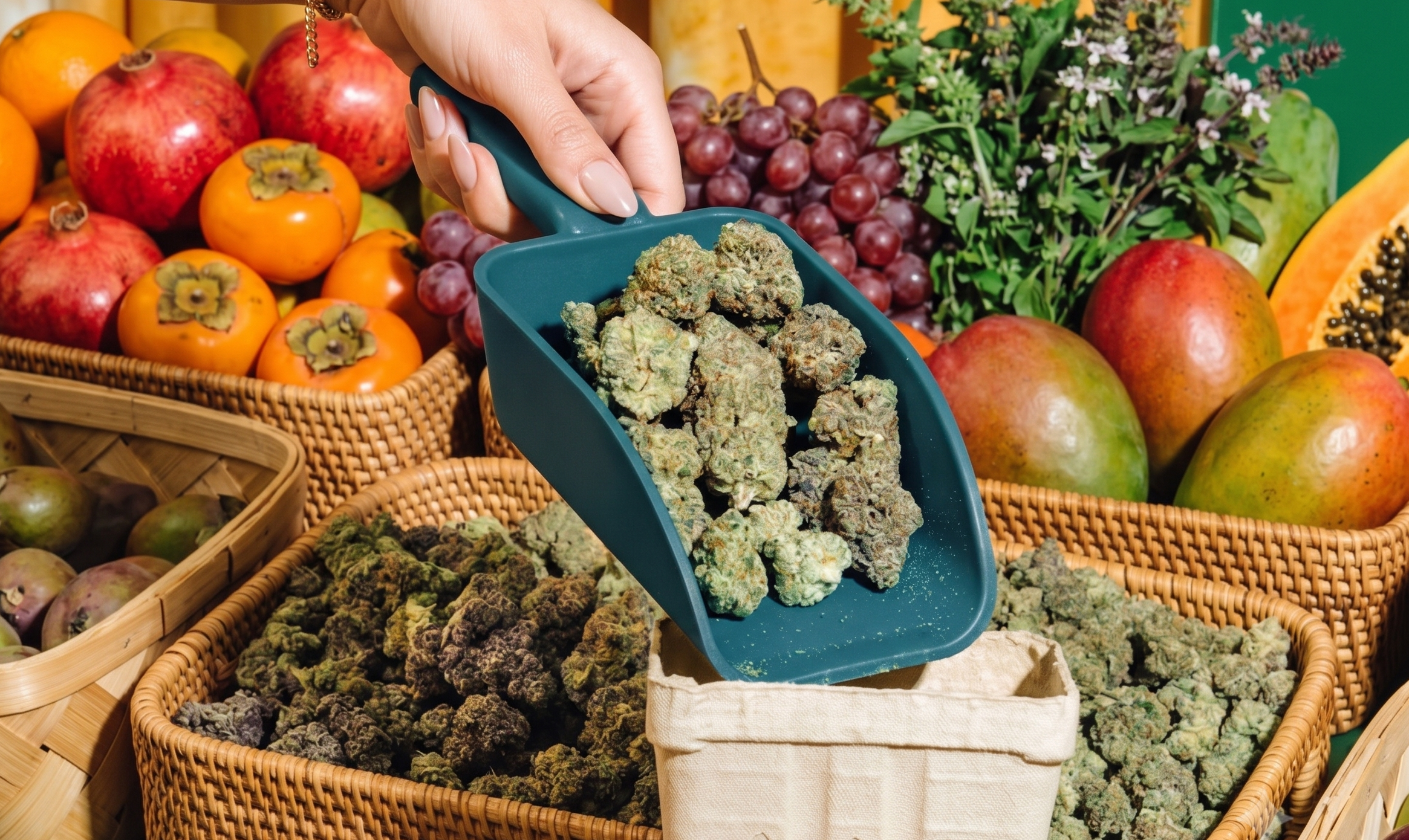 Person holding a scoop filled with premium cannabis buds at a market-style display