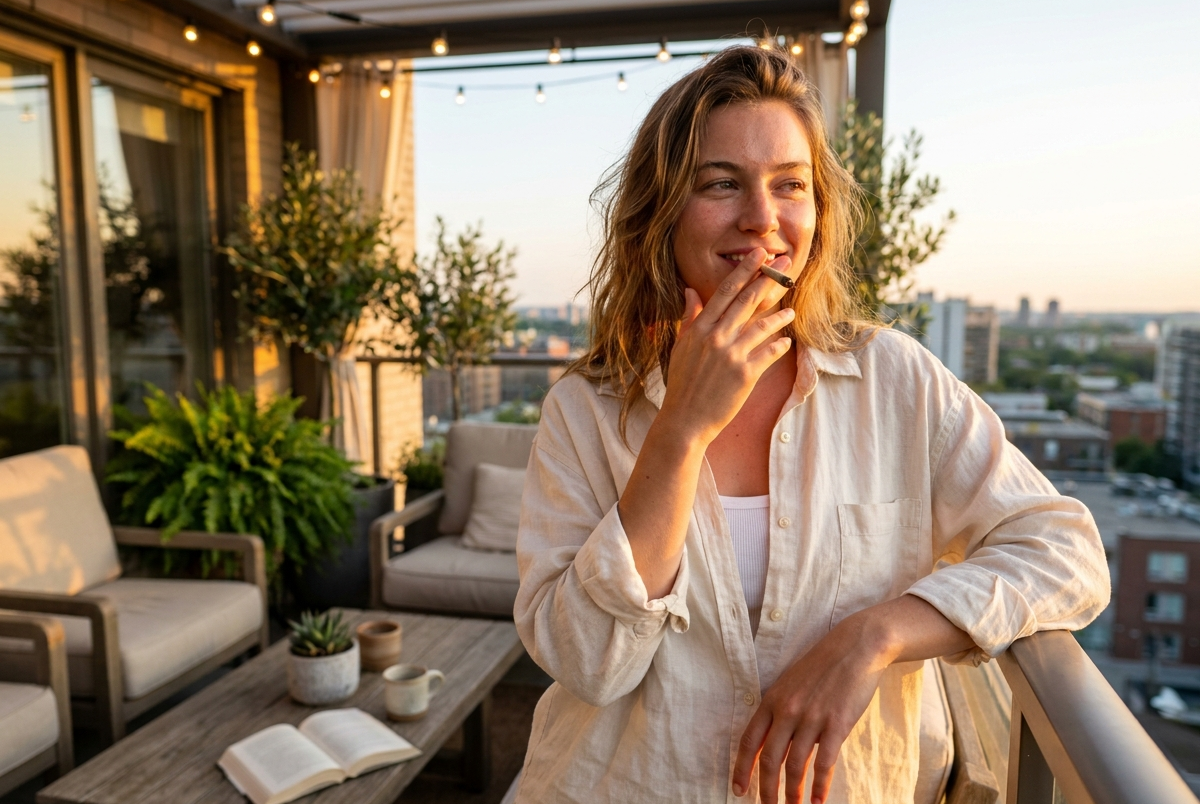 Woman smoking a cannabis joint while relaxing on a balcony