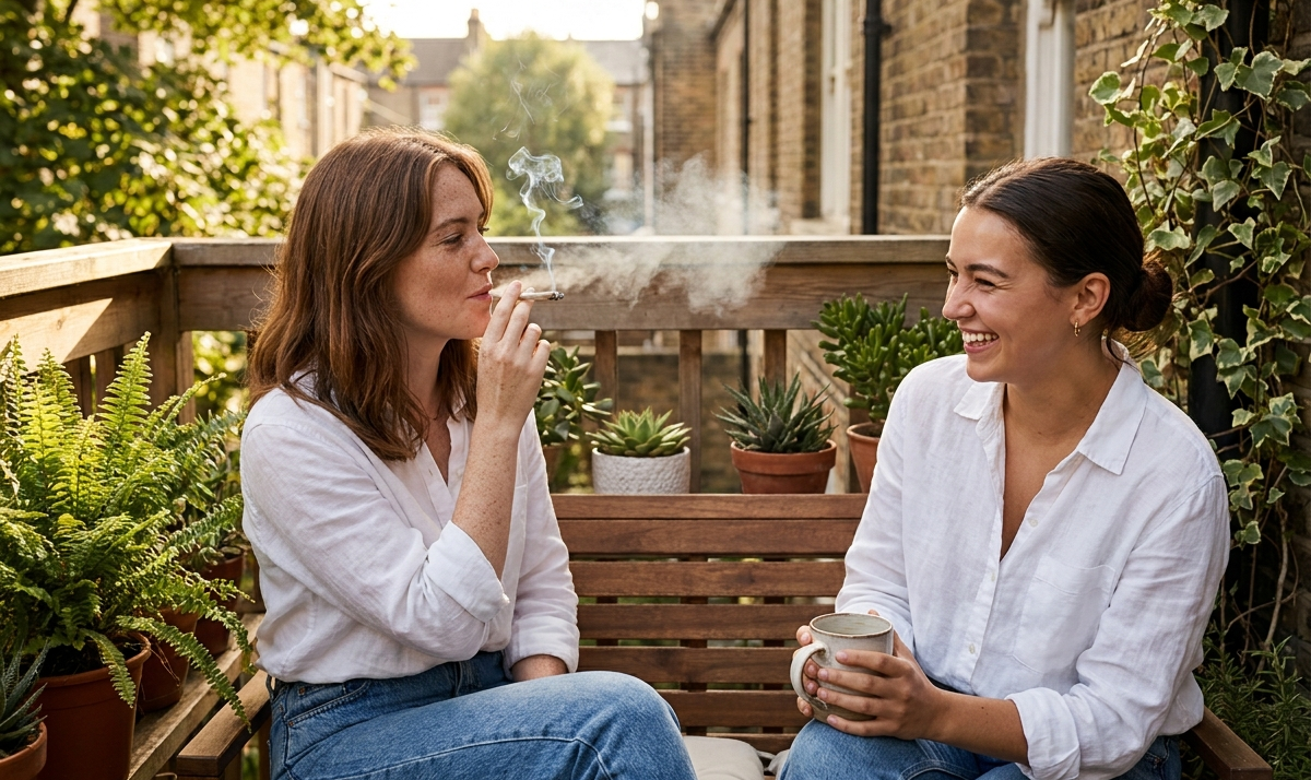 Two friends laughing together while sharing a cannabis joint outdoors