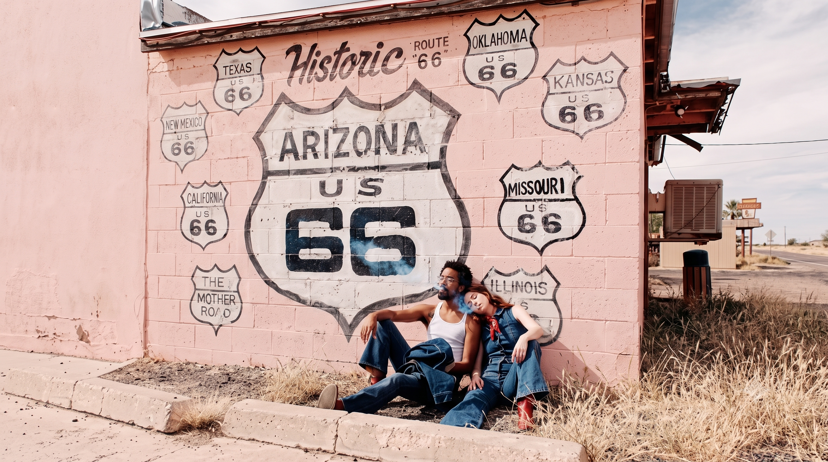 Two people smoking a cannabis joint beneath an Arizona Route 66 mural