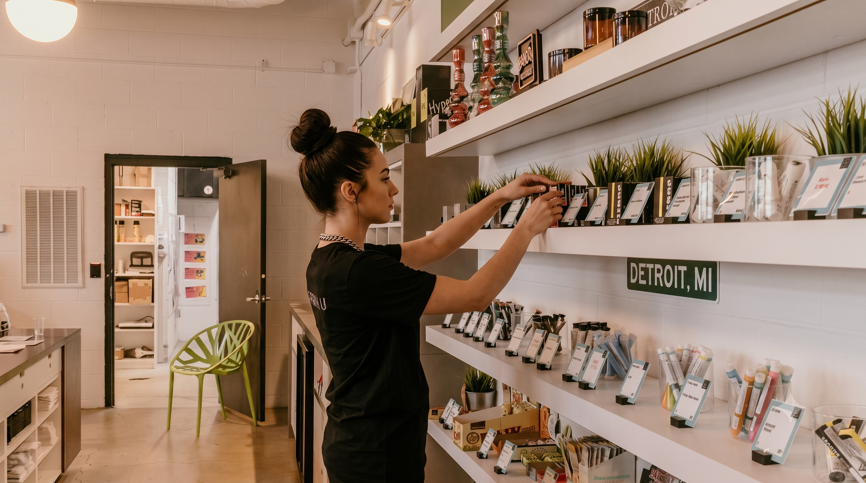 Woman organizing cannabis products on shelves inside a modern dispensary