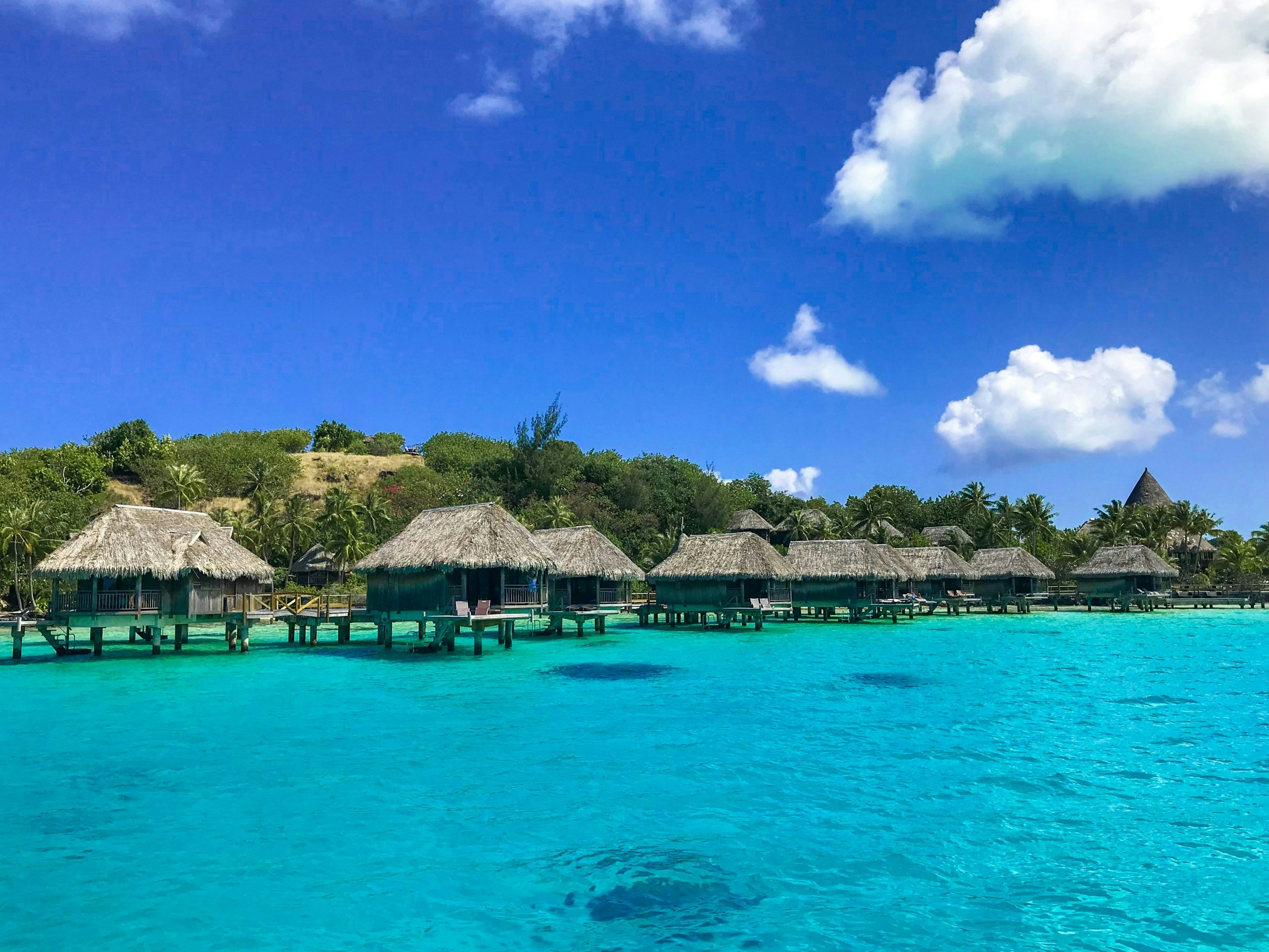 uxury overwater bungalows overlooking the lagoon in Bora Bora