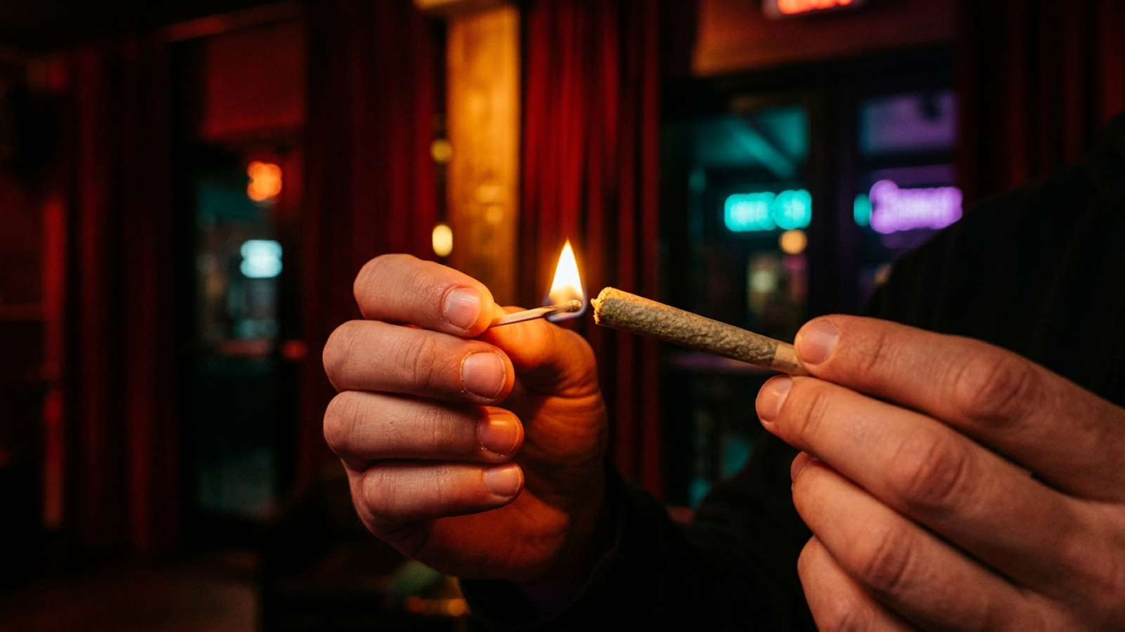 Close-up of hands lighting a cannabis joint with a match in a backstage room