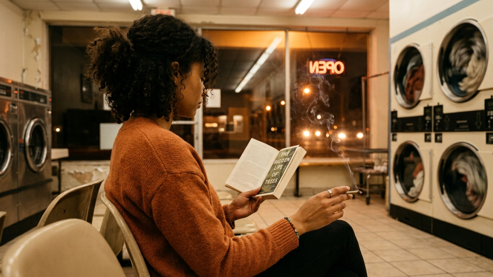 Solo woman reading book in warm late-night laundromat holding joint