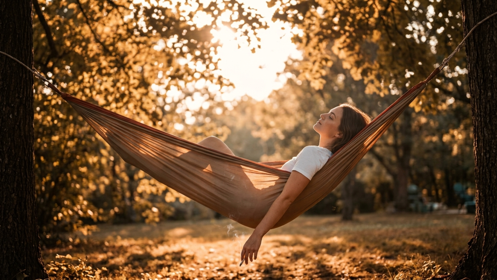 Person relaxing in a hammock at golden hour holding a joint.