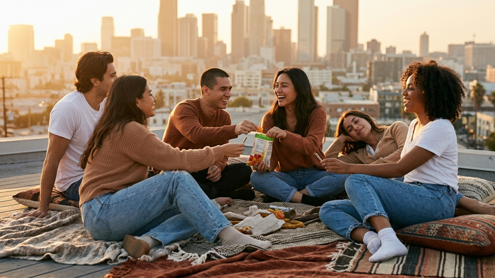 Group enjoying snacks and pillows on a city rooftop at sunset.