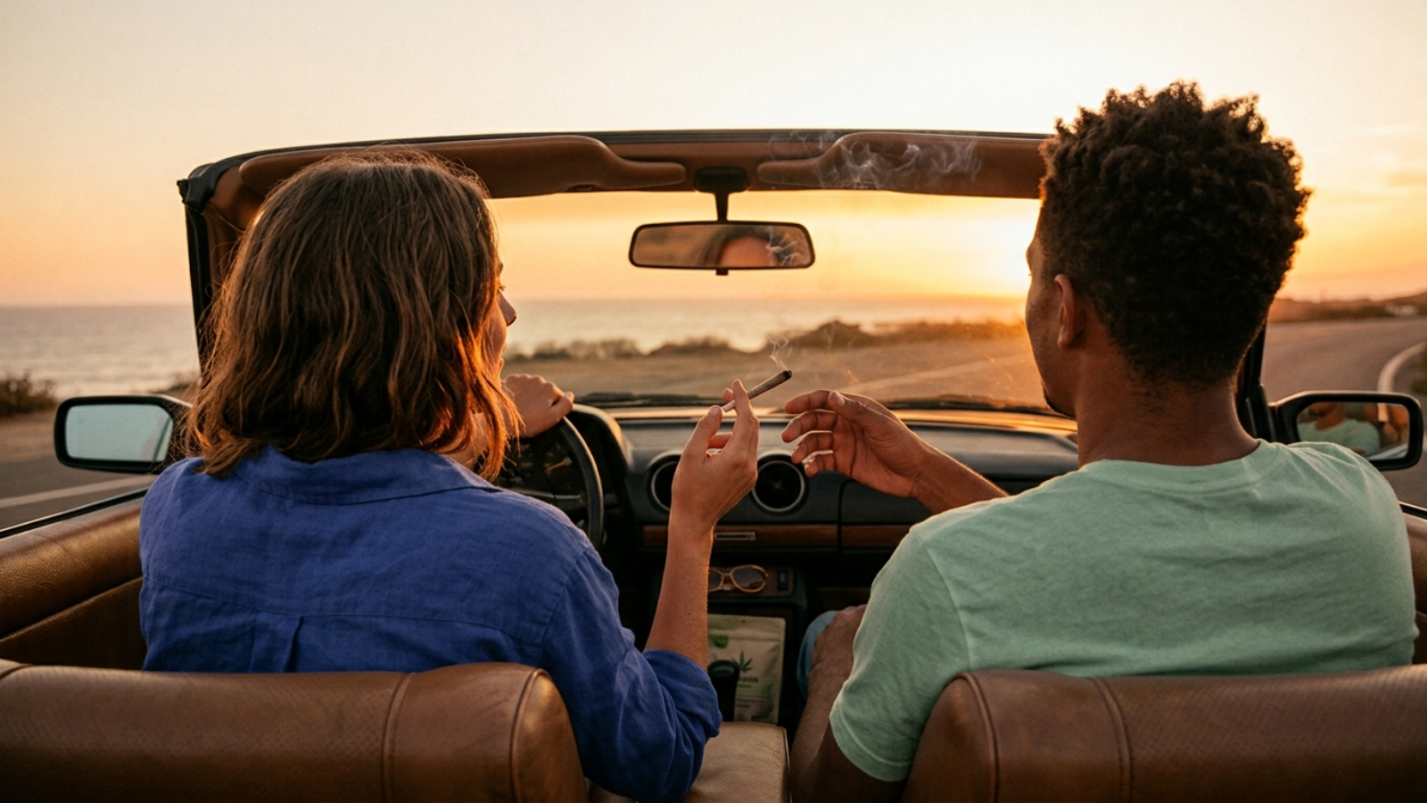 Rear view of couple smoking joint in convertible during sunset.
