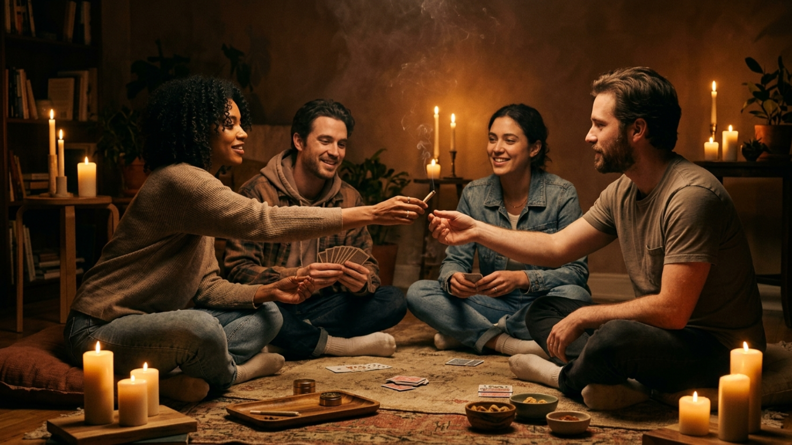 Cozy friends gathering sharing joint by candlelight during power outage