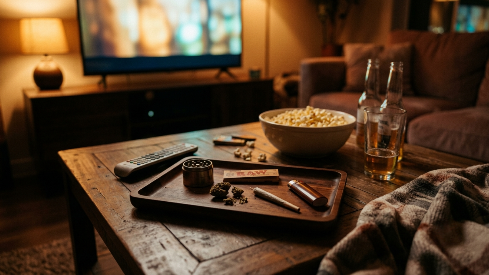 Cozy movie night coffee table with cannabis rolling tray and popcorn.