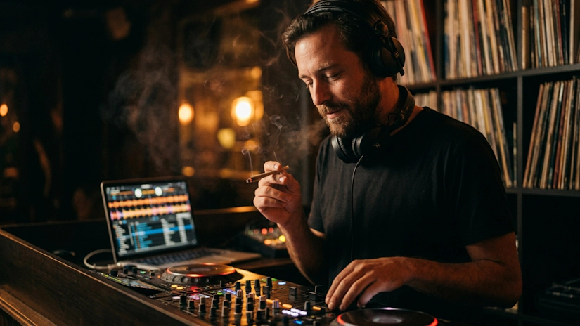 DJ smoking joint in dark music booth with warm amber lighting