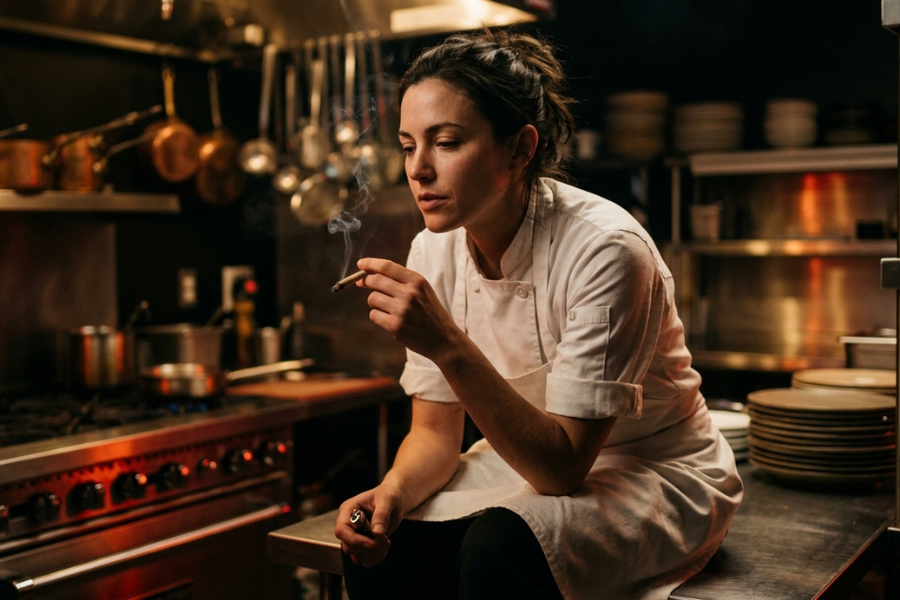 Chef in whites smoking joint in dark kitchen after service.